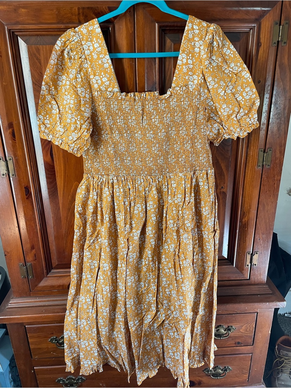 Anthropologie Mustard Floral Smocked Puff-Sleeve Midi Dress